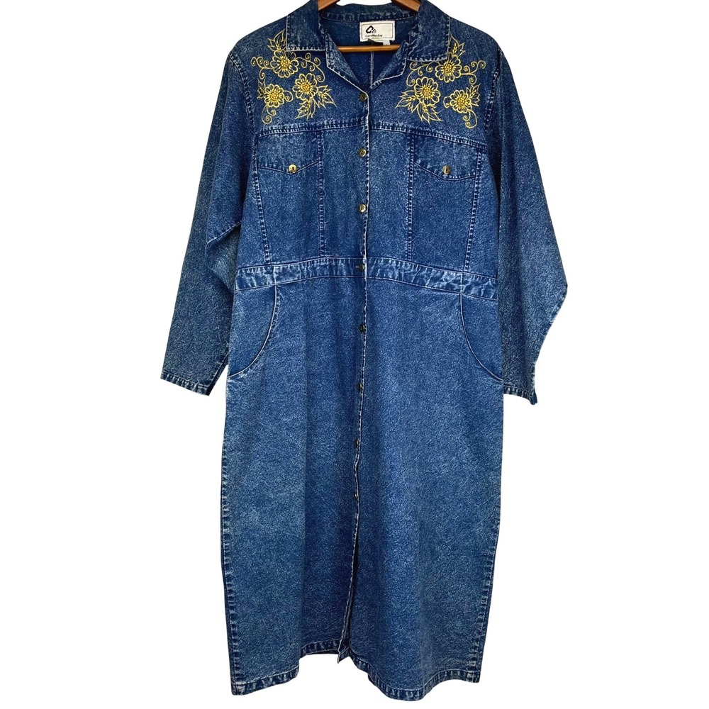 Vintage Womens Denim Dress Carolina Bay Size L 90s Y2K Embroidered Beaded Modest